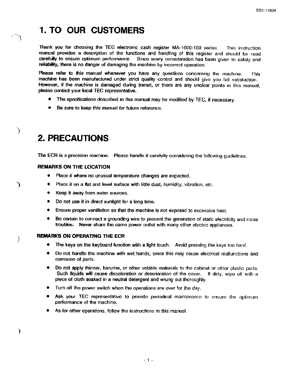 To our customers, Precautions, Remarks on t he location | Remarks on operating the ecr | Toshiba TEC MA-1600-100 User Manual | Page 7 / 157