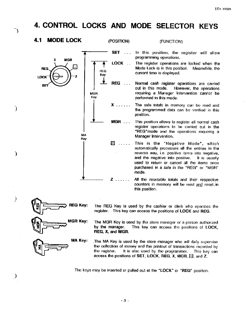 Control locks and mode selector keys, 1 mode lock | Toshiba TEC MA-1600-100 User Manual | Page 9 / 157