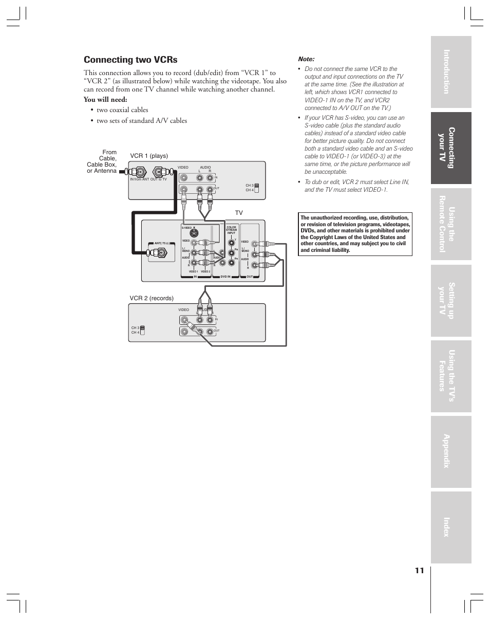 Connecting two vcrs | Toshiba 32AF44 User Manual | Page 11 / 48