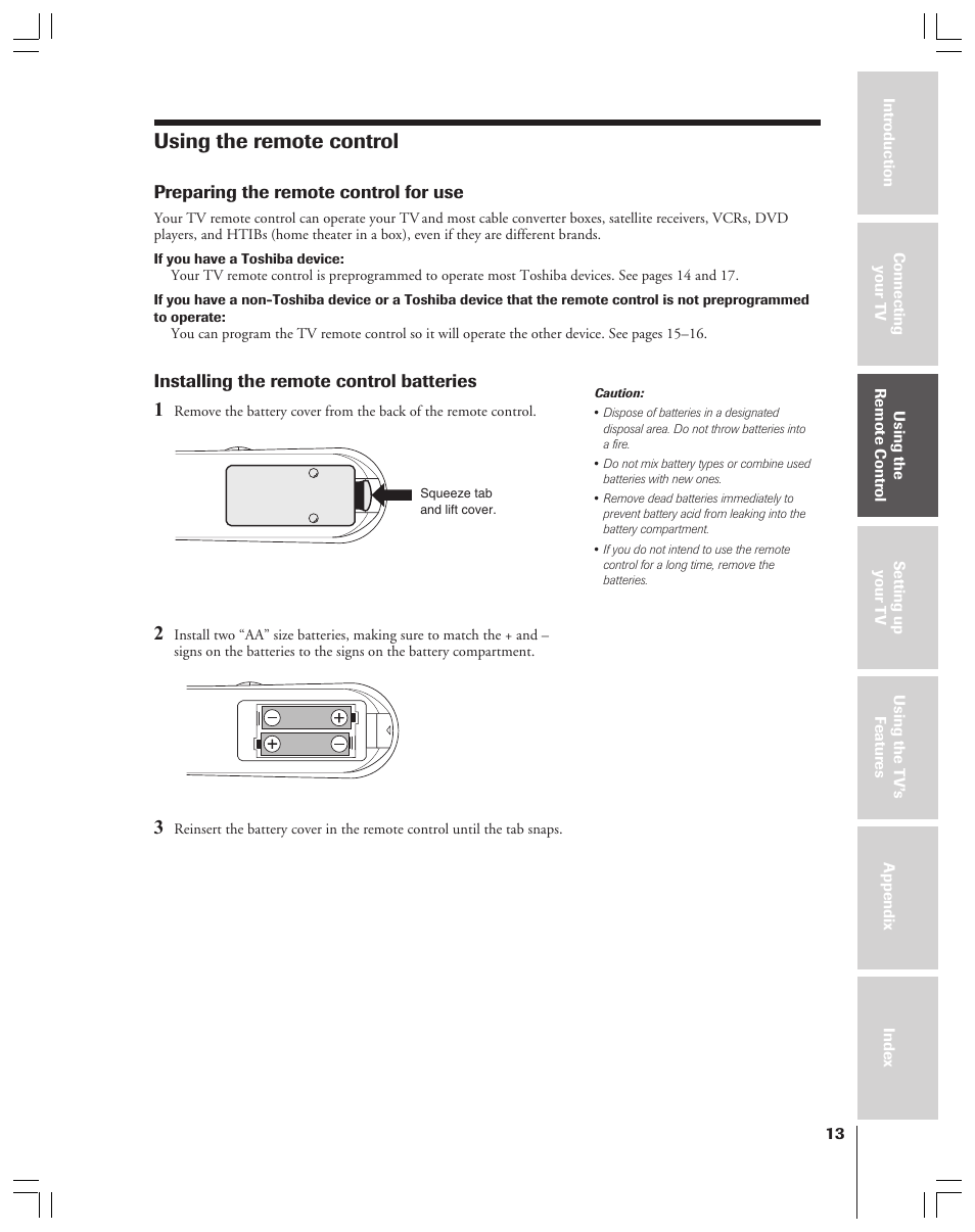 Using the remote control | Toshiba 32AF44 User Manual | Page 13 / 48