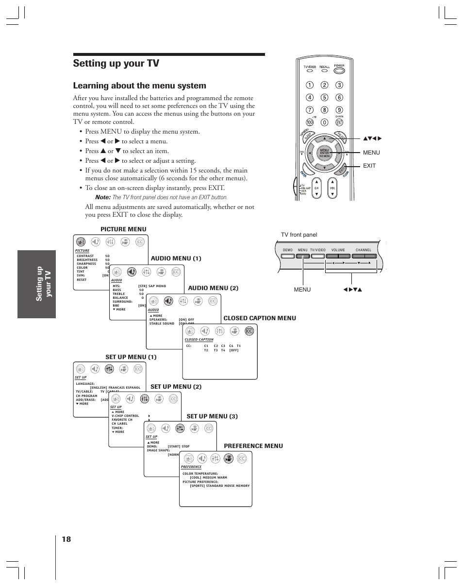 Setting up your tv, Learning about the menu system | Toshiba 32AF44 User Manual | Page 18 / 48