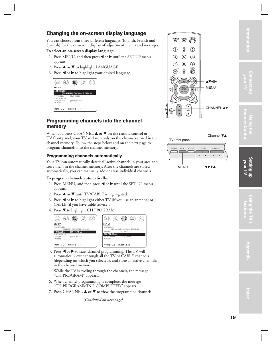 Changing the on-screen display language, Programming channels automatically | Toshiba 32AF44 User Manual | Page 19 / 48