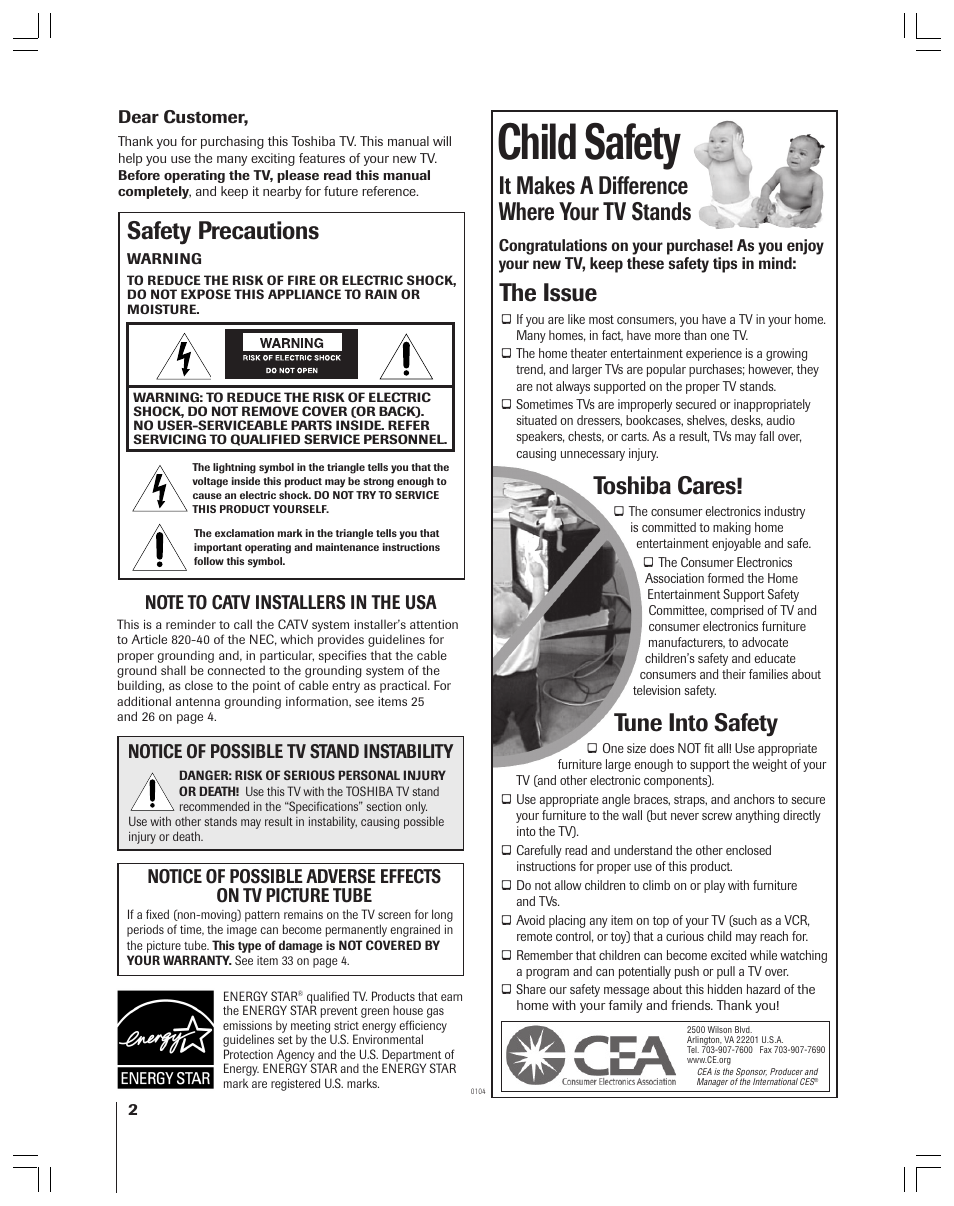 Child safety, It makes a difference where your tv stands, The issue | Toshiba cares, Tune into safety, Safety precautions, Notice of possible tv stand instability | Toshiba 32AF44 User Manual | Page 2 / 48