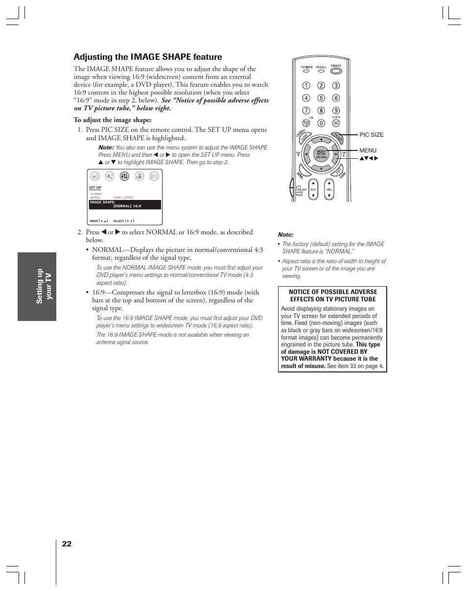 Adjusting the image shape feature | Toshiba 32AF44 User Manual | Page 22 / 48