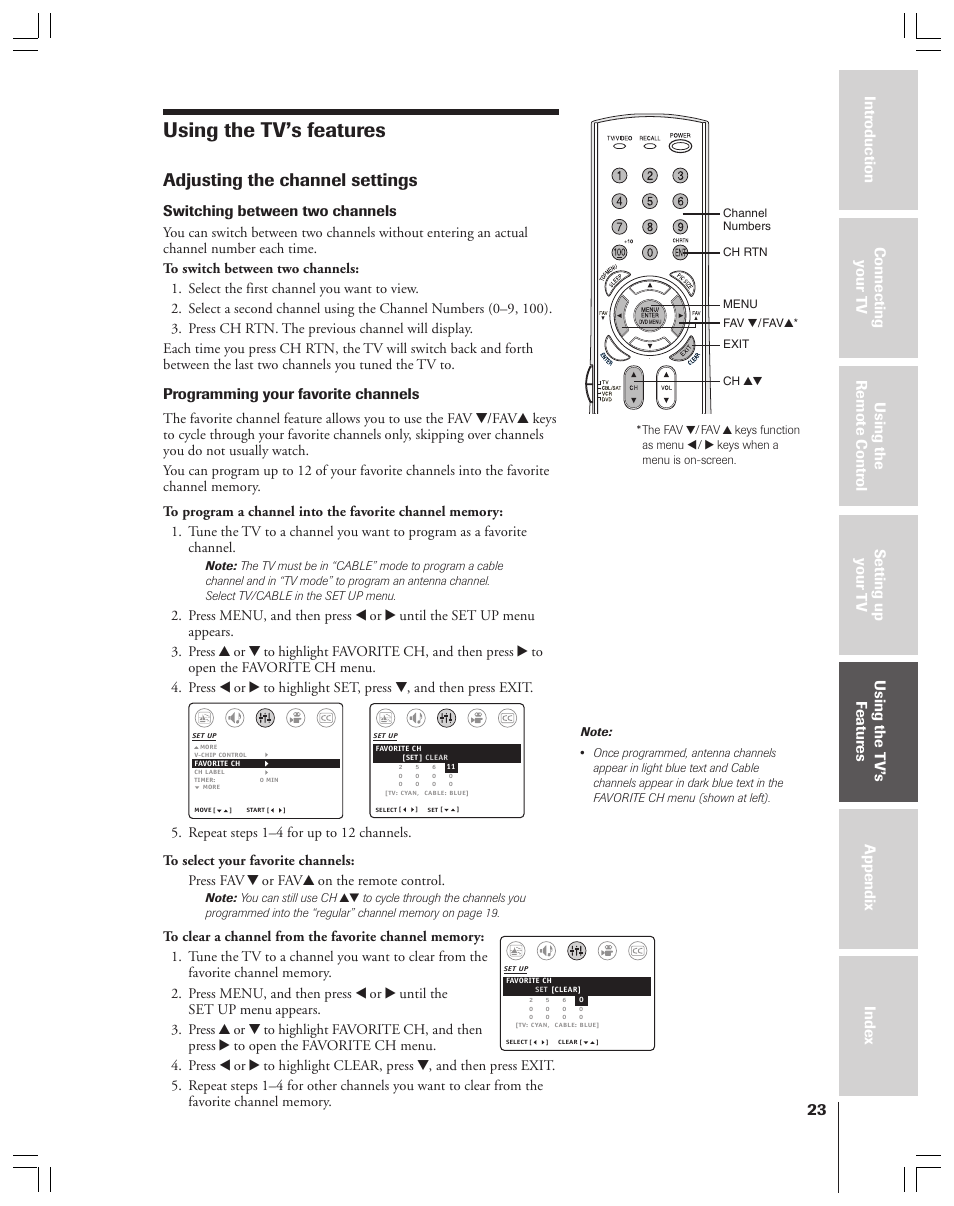 Using the tv’s features, Adjusting the channel settings, Switching between two channels | Programming your favorite channels | Toshiba 32AF44 User Manual | Page 23 / 48