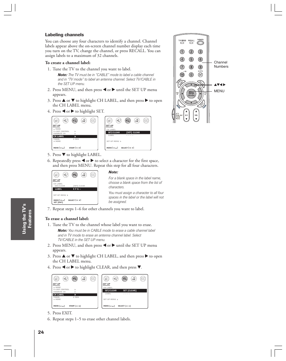 Labeling channels | Toshiba 32AF44 User Manual | Page 24 / 48