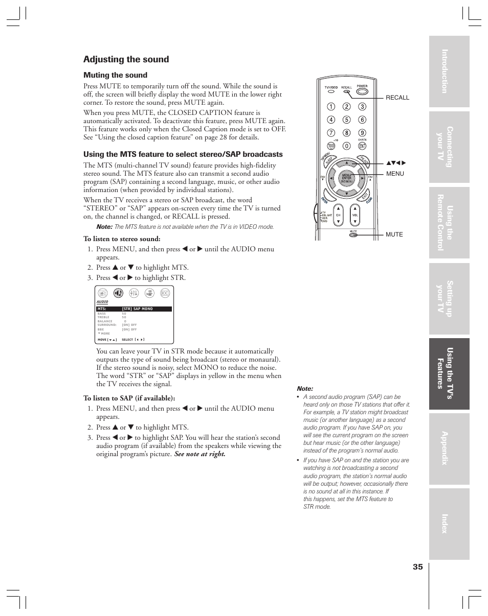 Adjusting the sound | Toshiba 32AF44 User Manual | Page 35 / 48