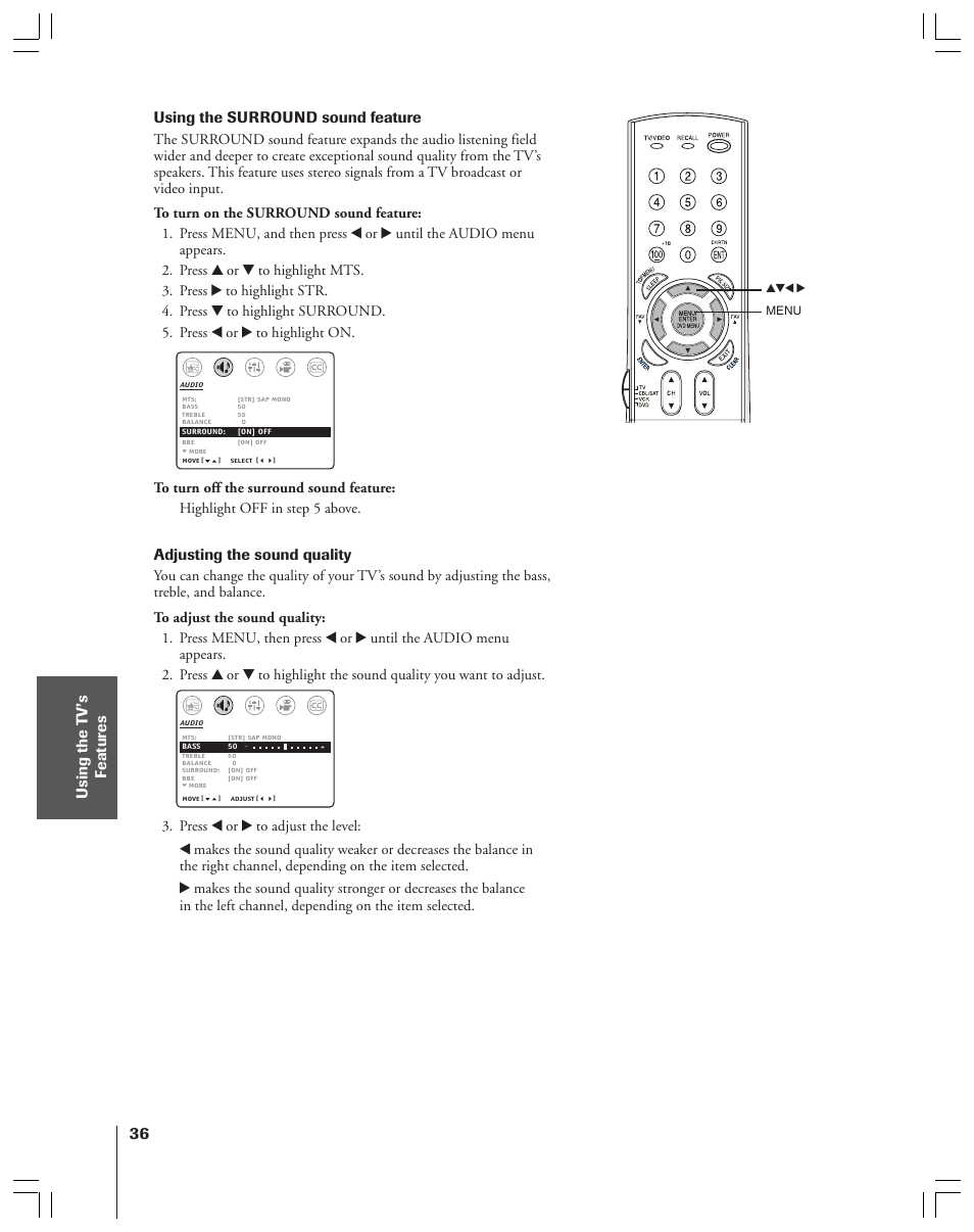 Using the t v’s f eatur es, Using the surround sound feature, Adjusting the sound quality | Toshiba 32AF44 User Manual | Page 36 / 48