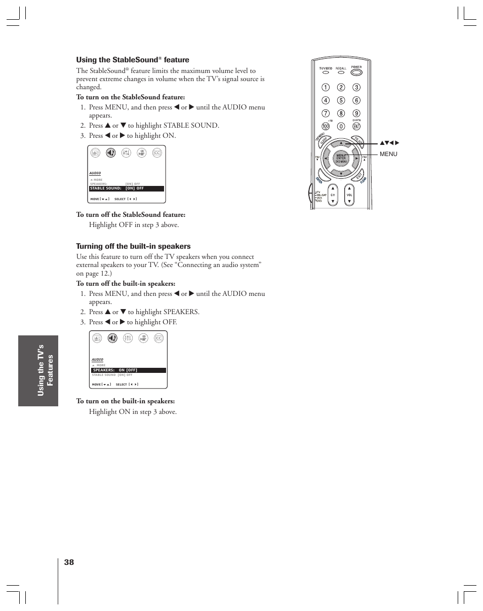 Using the t v’s f eatur es, Using the stablesound, Feature | Turning off the built-in speakers | Toshiba 32AF44 User Manual | Page 38 / 48