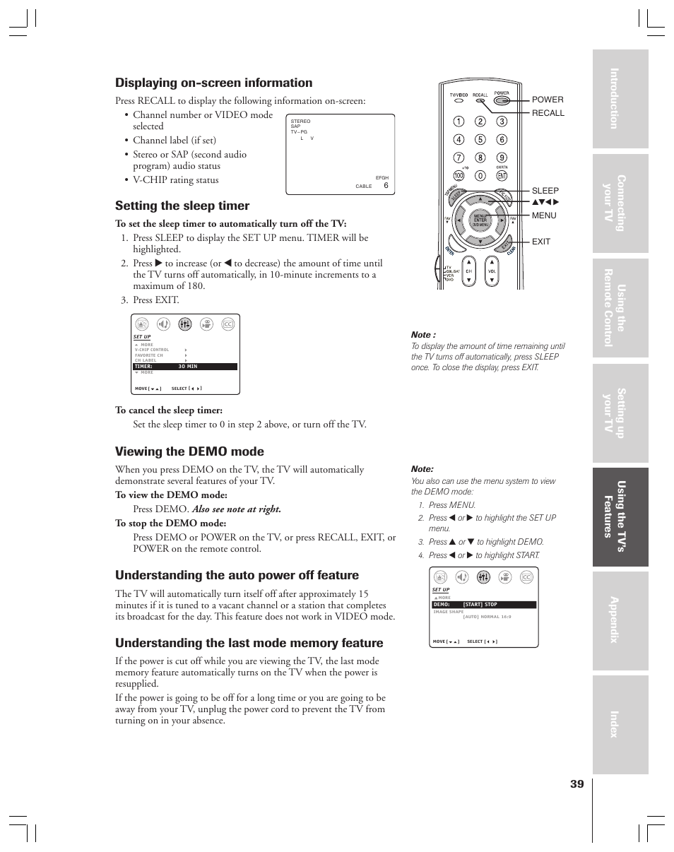 Displaying on-screen information, Setting the sleep timer, Viewing the demo mode | Understanding the auto power off feature | Toshiba 32AF44 User Manual | Page 39 / 48