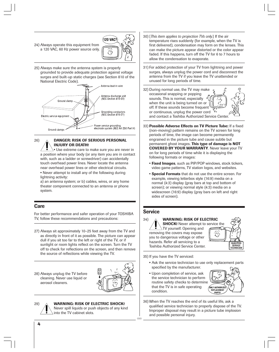 Care, Service | Toshiba 32AF44 User Manual | Page 4 / 48