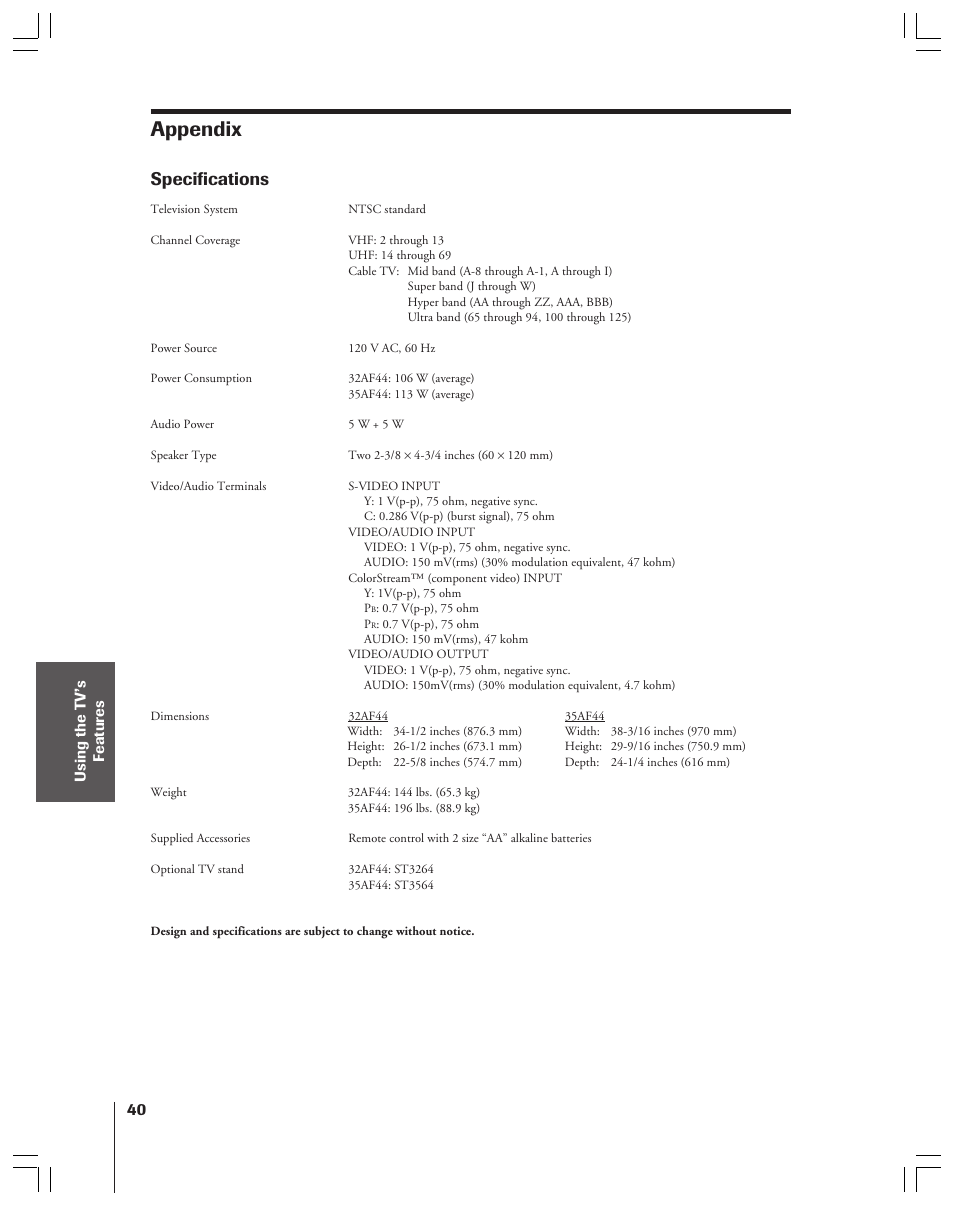 Appendix, Specifications | Toshiba 32AF44 User Manual | Page 40 / 48