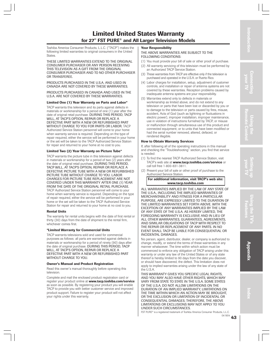 Limited united states warranty, For 27'' fst pure, And all larger television models | Toshiba 32AF44 User Manual | Page 43 / 48