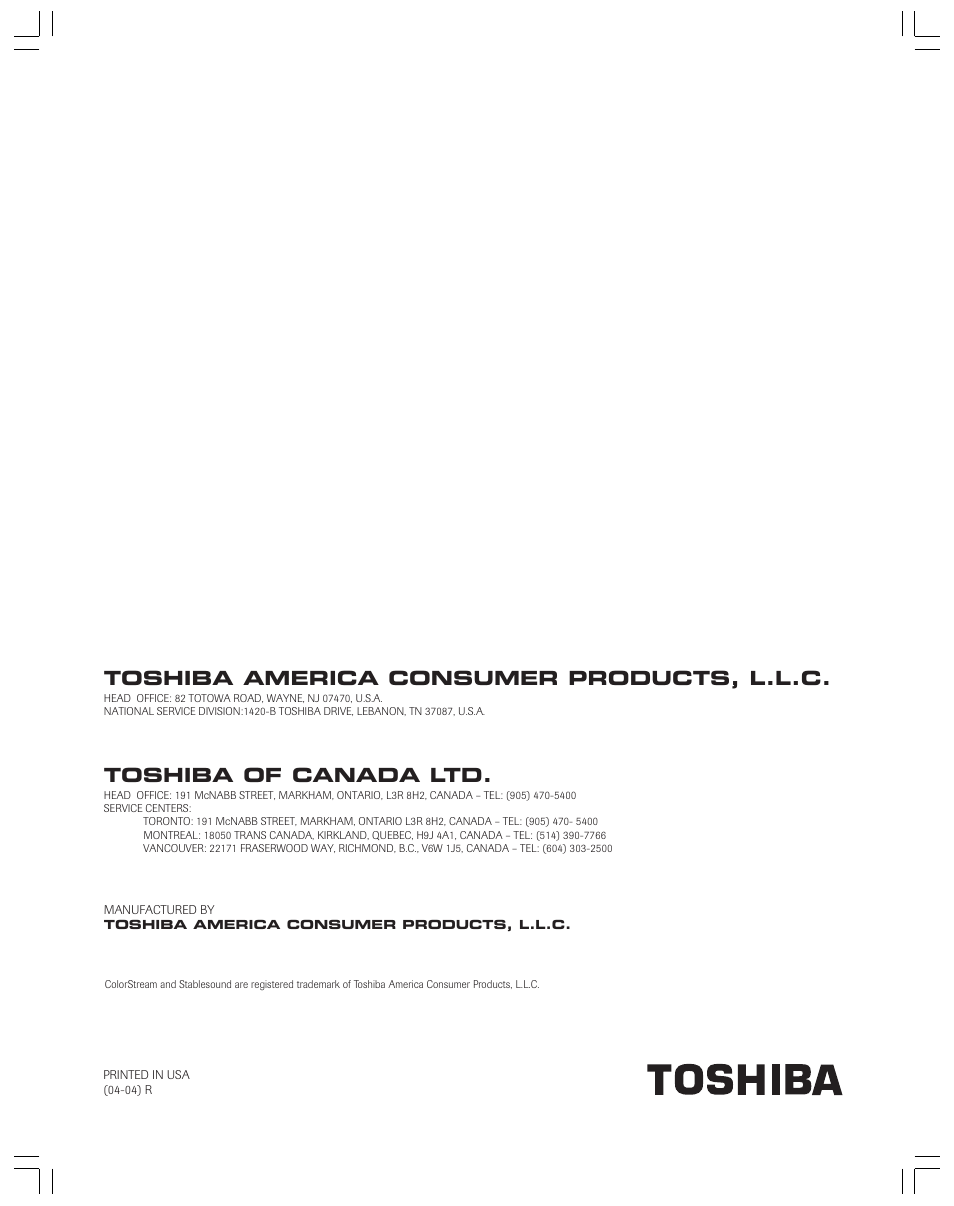 Toshiba america consumer products, l.l.c, Toshiba of canada ltd | Toshiba 32AF44 User Manual | Page 48 / 48