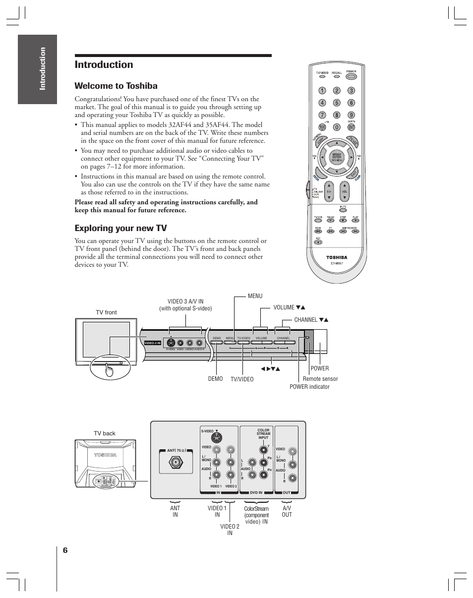 Introduction, Welcome to toshiba, Exploring your new tv | Toshiba 32AF44 User Manual | Page 6 / 48