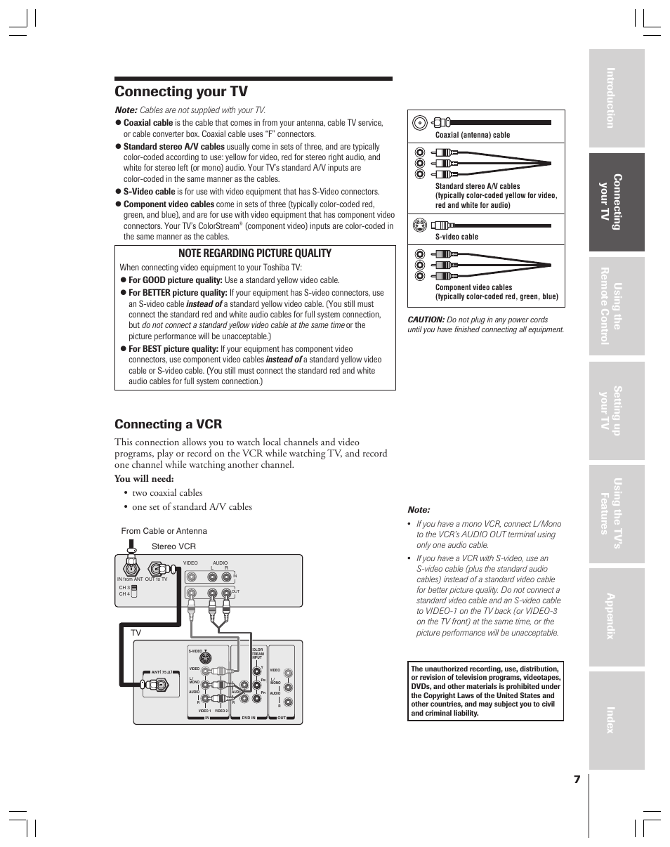 Connecting your tv, Connecting a vcr | Toshiba 32AF44 User Manual | Page 7 / 48