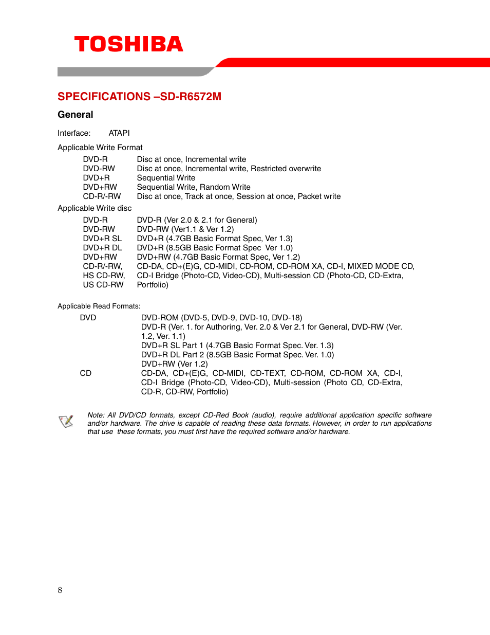 Specifications –sd-r6572m | Toshiba SD-R6572M User Manual | Page 10 / 15