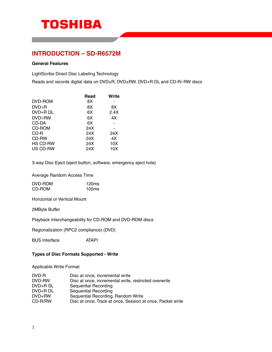 Introduction – sd-r6572m | Toshiba SD-R6572M User Manual | Page 3 / 15