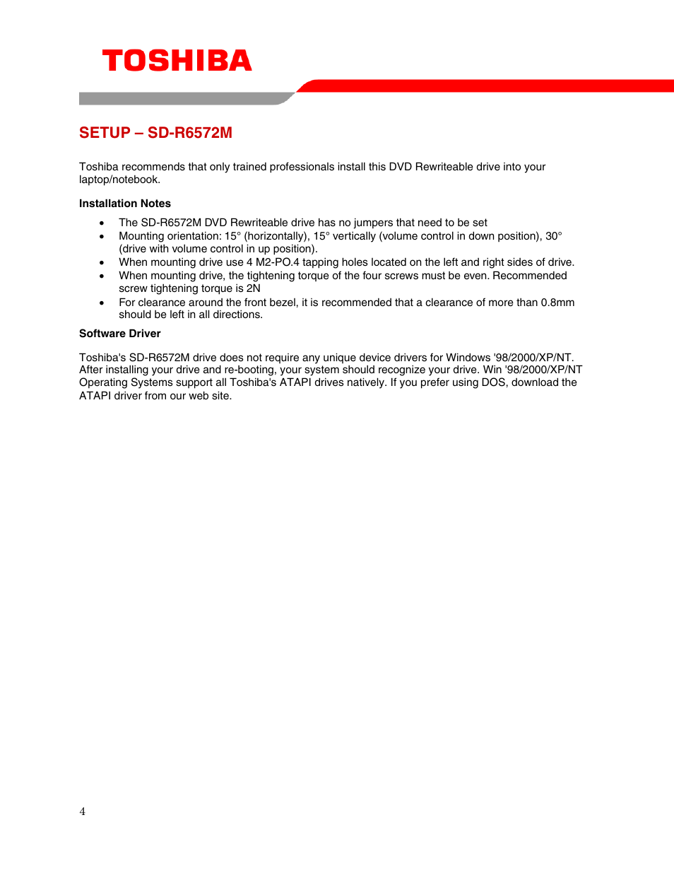 Setup – sd-r6572m | Toshiba SD-R6572M User Manual | Page 6 / 15