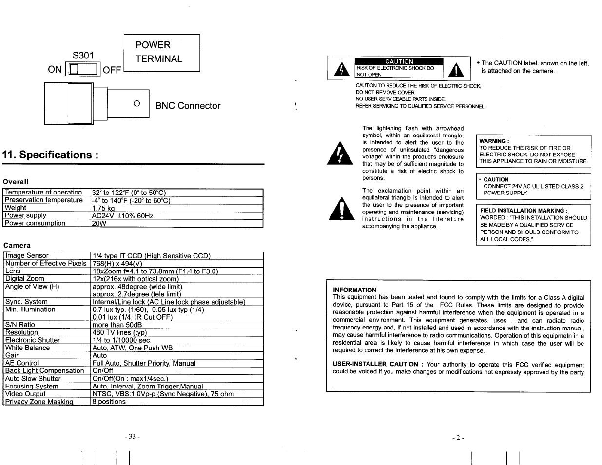 Specifications, S301 on power terminal off, Bnc connector | Toshiba IK-DP20A User Manual | Page 34 / 36