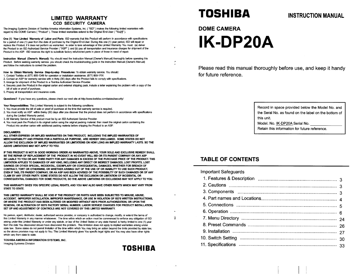 Limited warranty, Toshiba, Ccd security camera | Toshiba IK-DP20A User Manual | Page 36 / 36