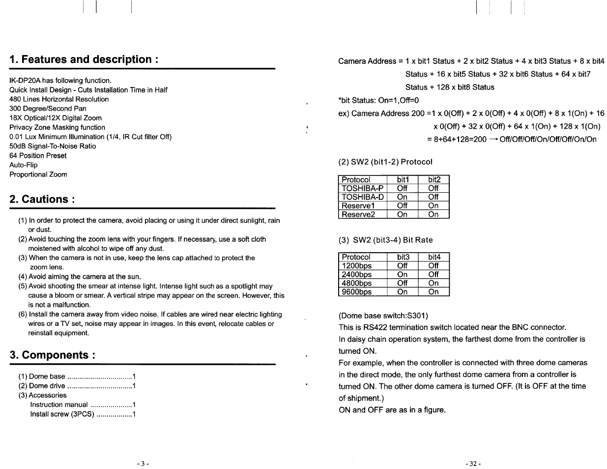 Features and description, Cautions, Components | Features & description | Toshiba IK-DP20A User Manual | Page 4 / 36