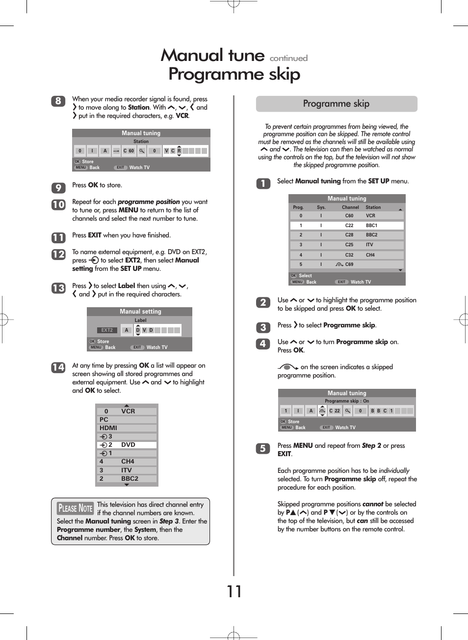 Manual tune, Programme skip, Continued | Lease | Toshiba 27WL56 Series User Manual | Page 11 / 24