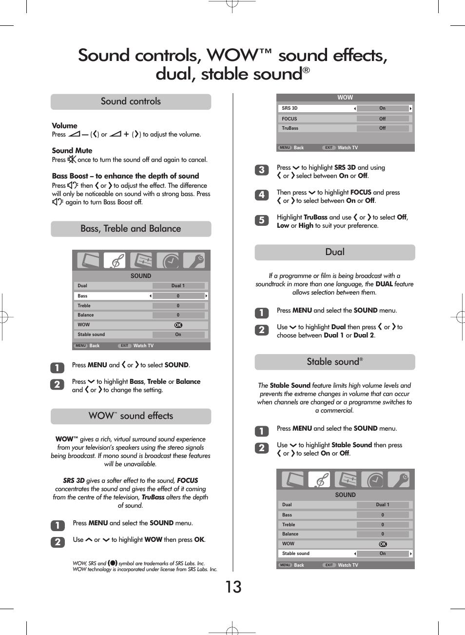 Sound controls, Bass, treble and balance 1 2 wow, Sound effects | Stable sound, Dual | Toshiba 27WL56 Series User Manual | Page 13 / 24