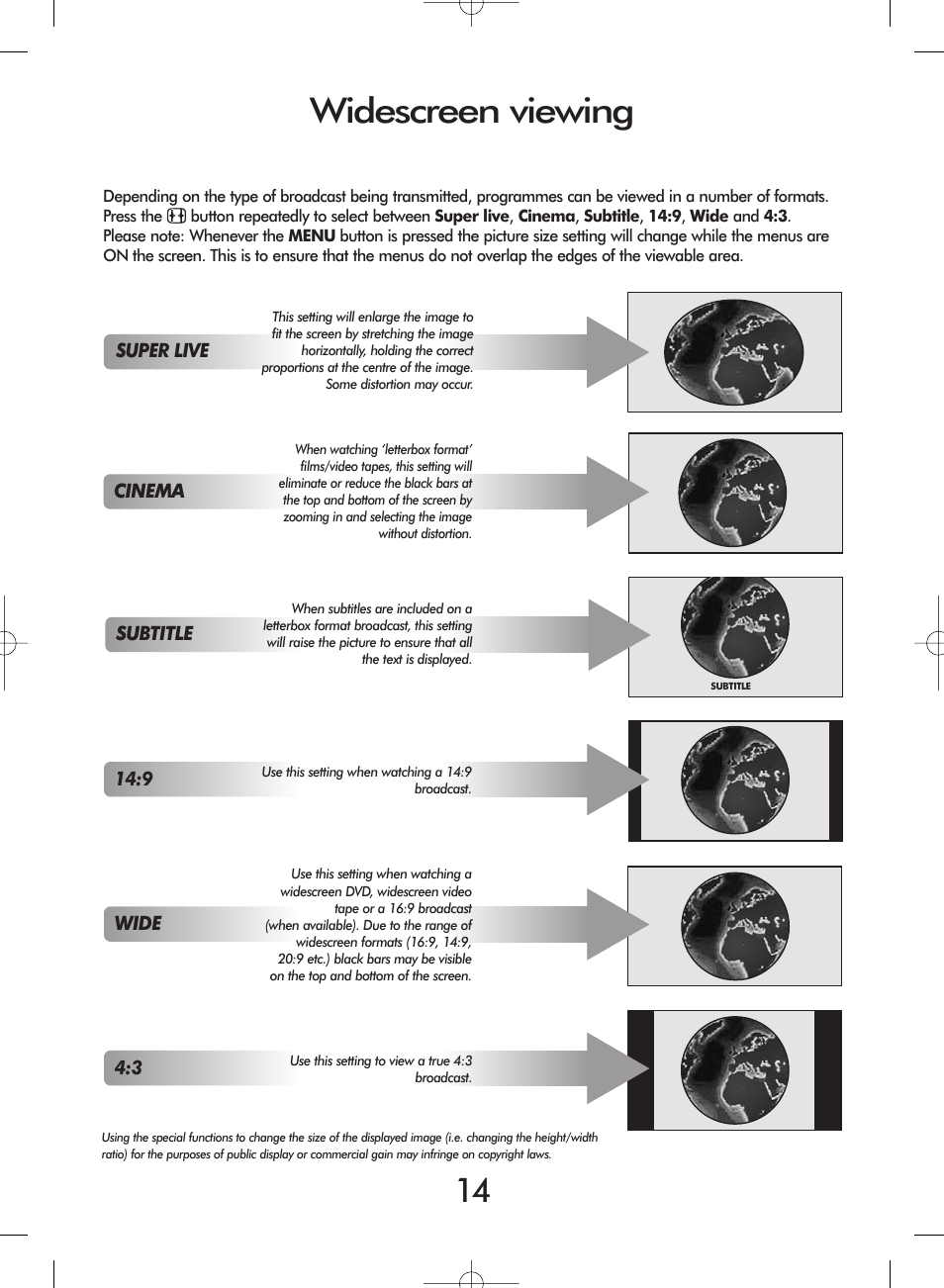 Widescreen viewing | Toshiba 27WL56 Series User Manual | Page 14 / 24