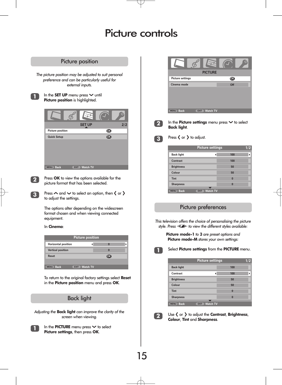 Picture controls, Picture preferences 2 picture position, Back light | Toshiba 27WL56 Series User Manual | Page 15 / 24