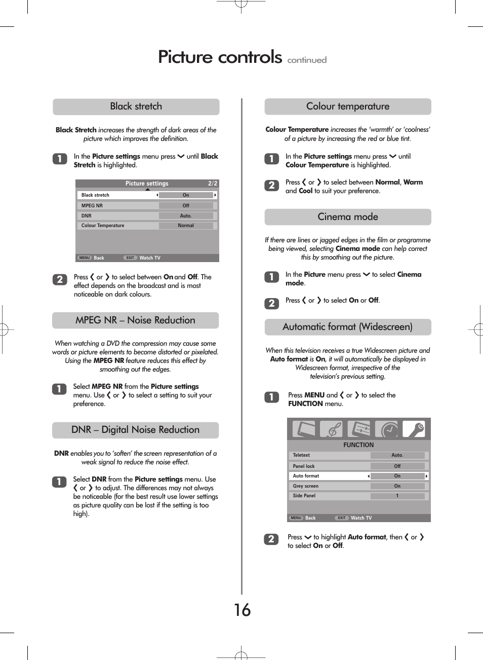 Picture controls, Colour temperature, Cinema mode automatic format (widescreen) | Dnr – digital noise reduction, Mpeg nr – noise reduction, Black stretch | Toshiba 27WL56 Series User Manual | Page 16 / 24
