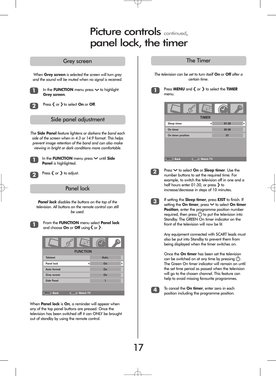 Picture controls, Panel lock, the timer, The timer 2 3 4 1 | Grey screen, 12 side panel adjustment, Panel lock 1 | Toshiba 27WL56 Series User Manual | Page 17 / 24