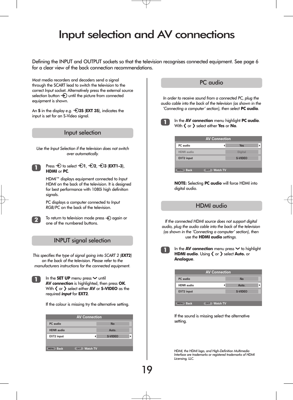 Input selection and av connections, Input selection pc audio 1, Input signal selection 1 2 | Hdmi audio | Toshiba 27WL56 Series User Manual | Page 19 / 24