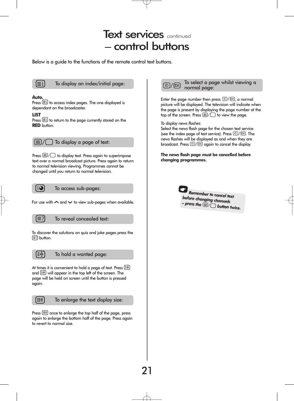 Text services, Control buttons | Toshiba 27WL56 Series User Manual | Page 21 / 24