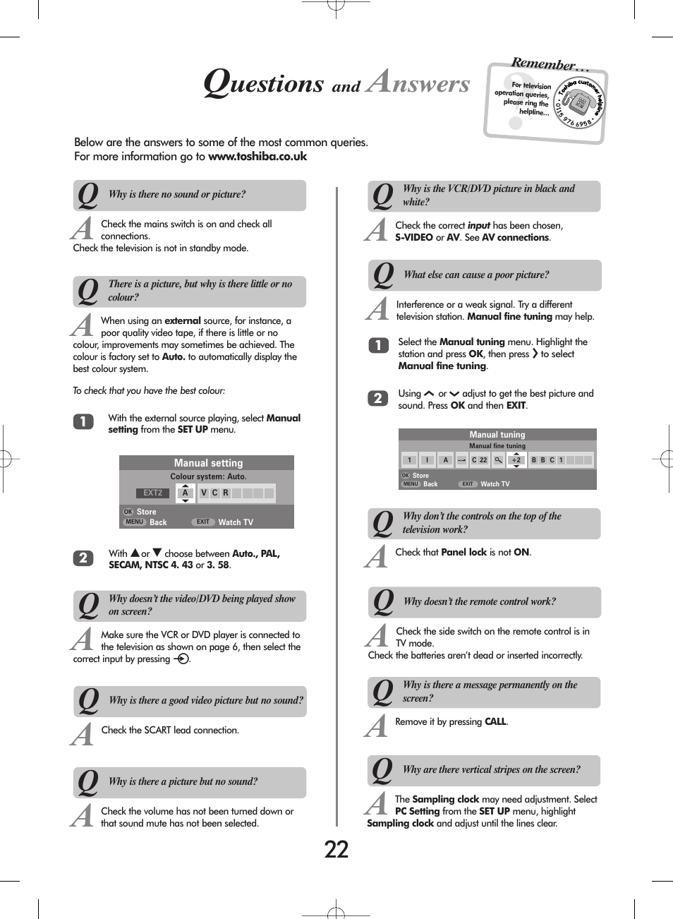 Uestions, Nswers | Toshiba 27WL56 Series User Manual | Page 22 / 24