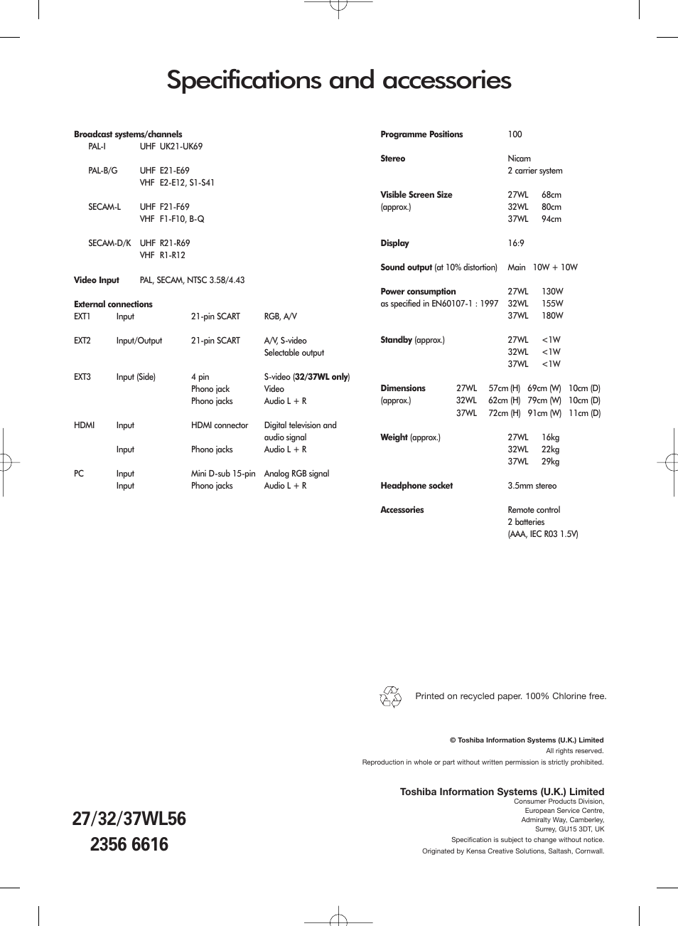 Specifications and accessories | Toshiba 27WL56 Series User Manual | Page 24 / 24