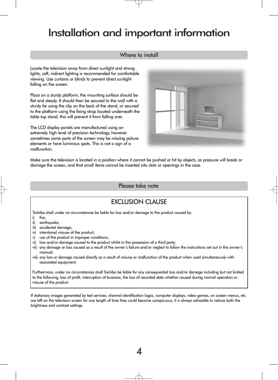 Installation and important information, Exclusion clause | Toshiba 27WL56 Series User Manual | Page 4 / 24