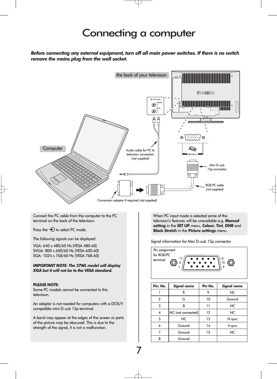 Connecting a computer | Toshiba 27WL56 Series User Manual | Page 7 / 24