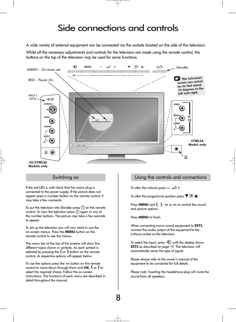 Side connections and controls | Toshiba 27WL56 Series User Manual | Page 8 / 24