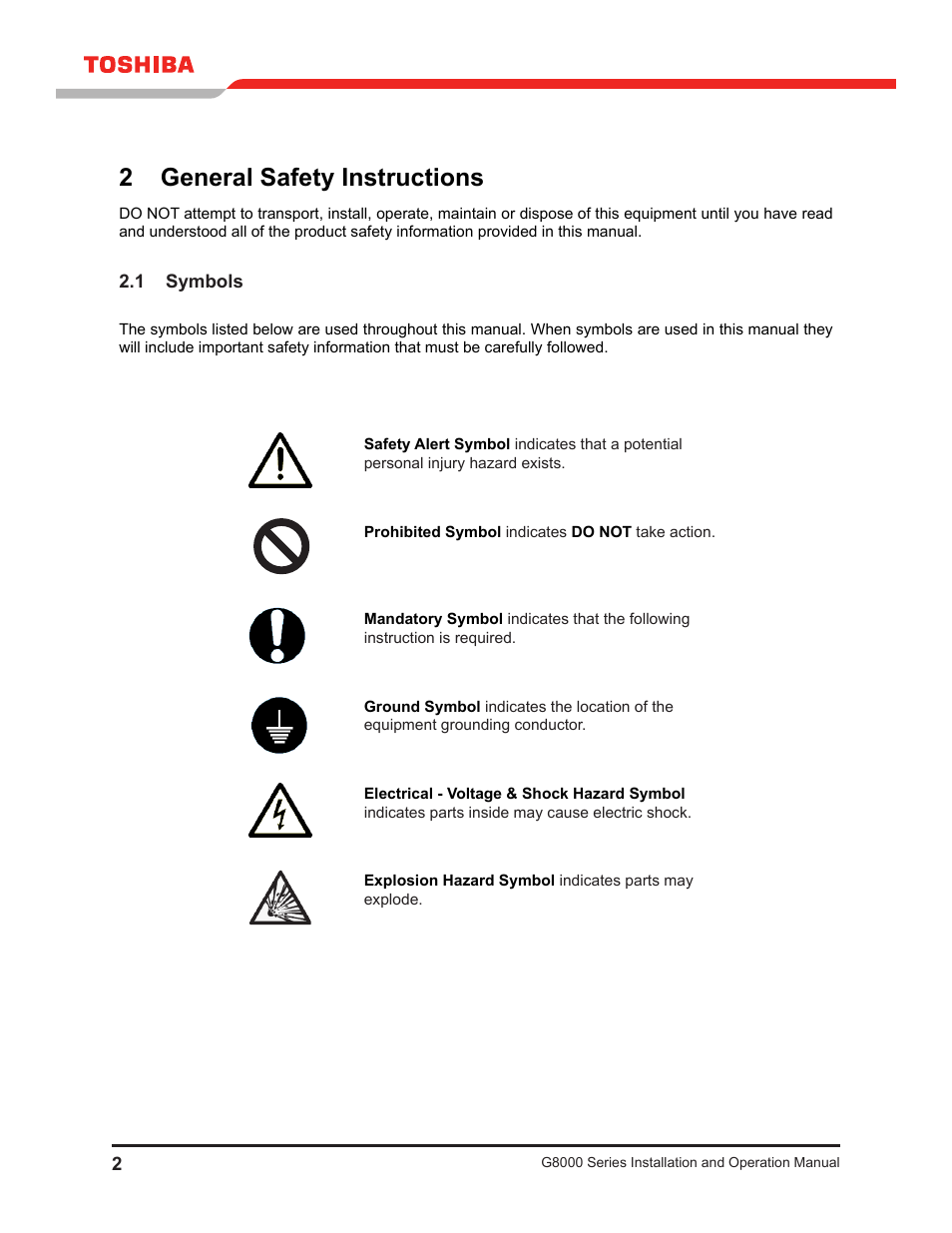 2 general safety instructions, 1 symbols | Toshiba G8000 User Manual | Page 10 / 79