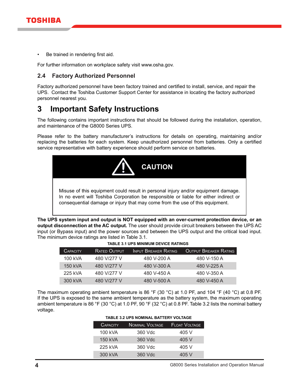 4 factory authorized personnel, 3 important safety instructions, Caution | Toshiba G8000 User Manual | Page 12 / 79