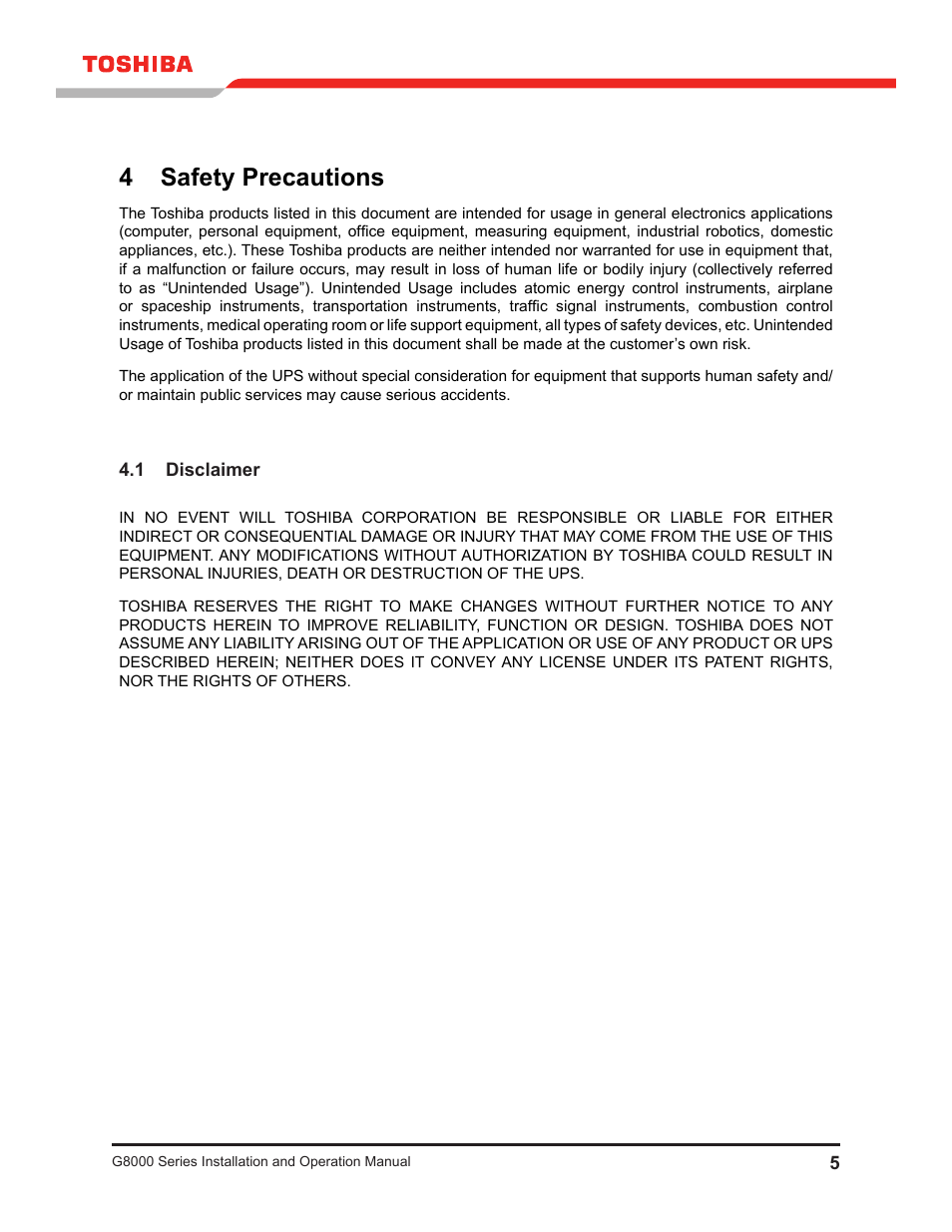 4 safety precautions, 1 disclaimer | Toshiba G8000 User Manual | Page 13 / 79