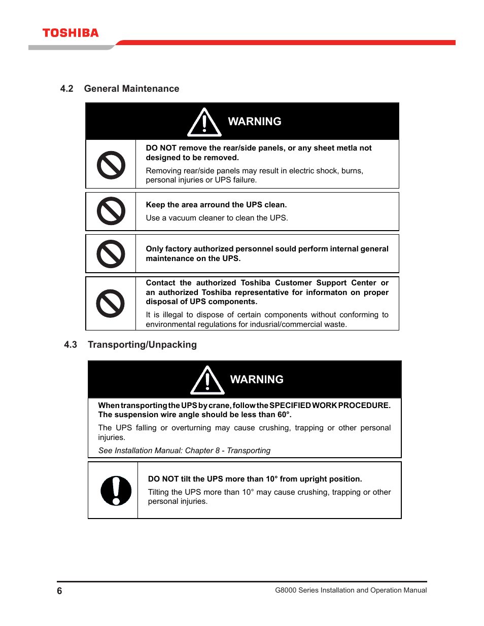 2 general maintenance, 3 transporting/unpacking, 2 general maintenance 4.3 transporting/unpacking | Warning | Toshiba G8000 User Manual | Page 14 / 79
