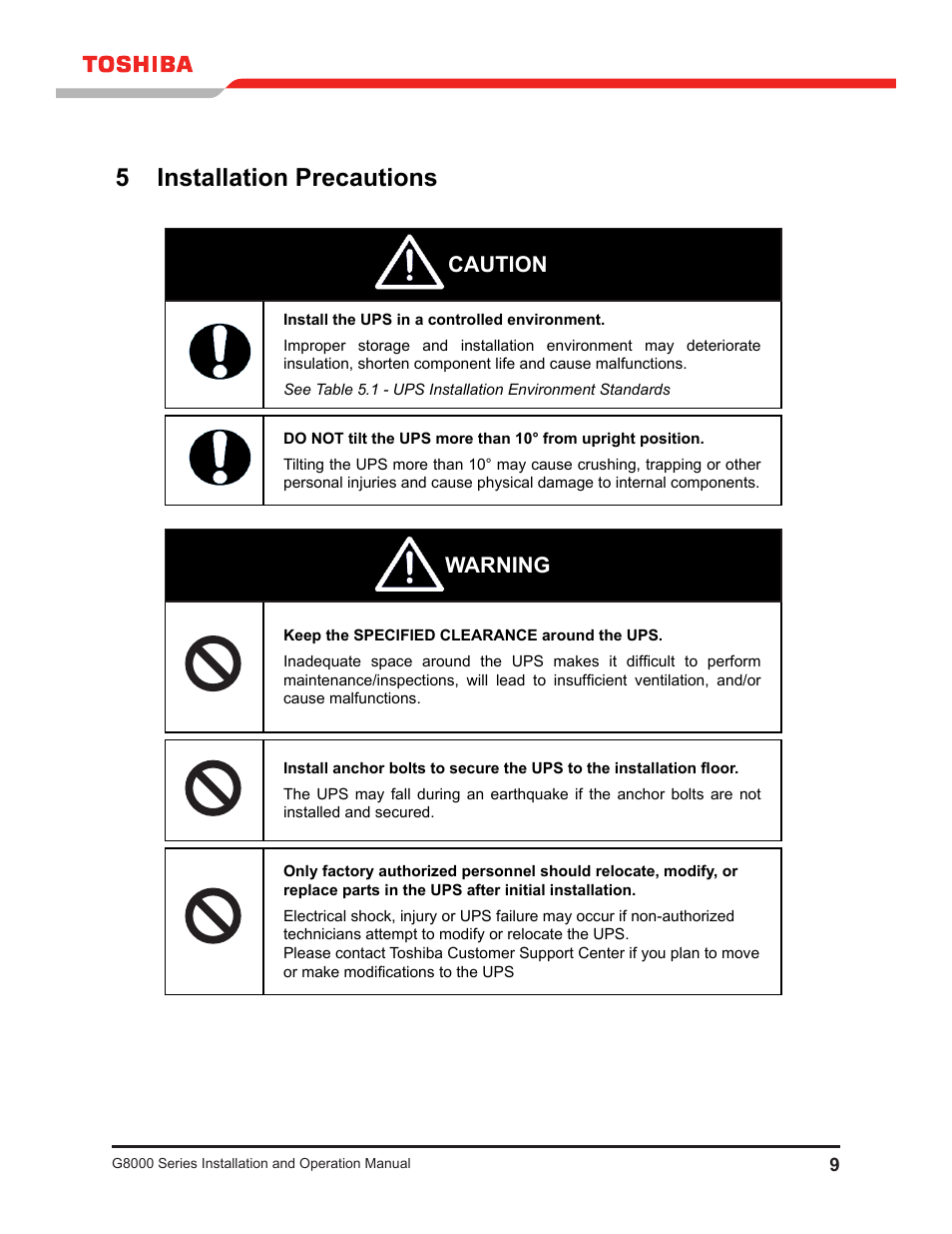 5 installation precautions, Caution, Warning | Toshiba G8000 User Manual | Page 17 / 79
