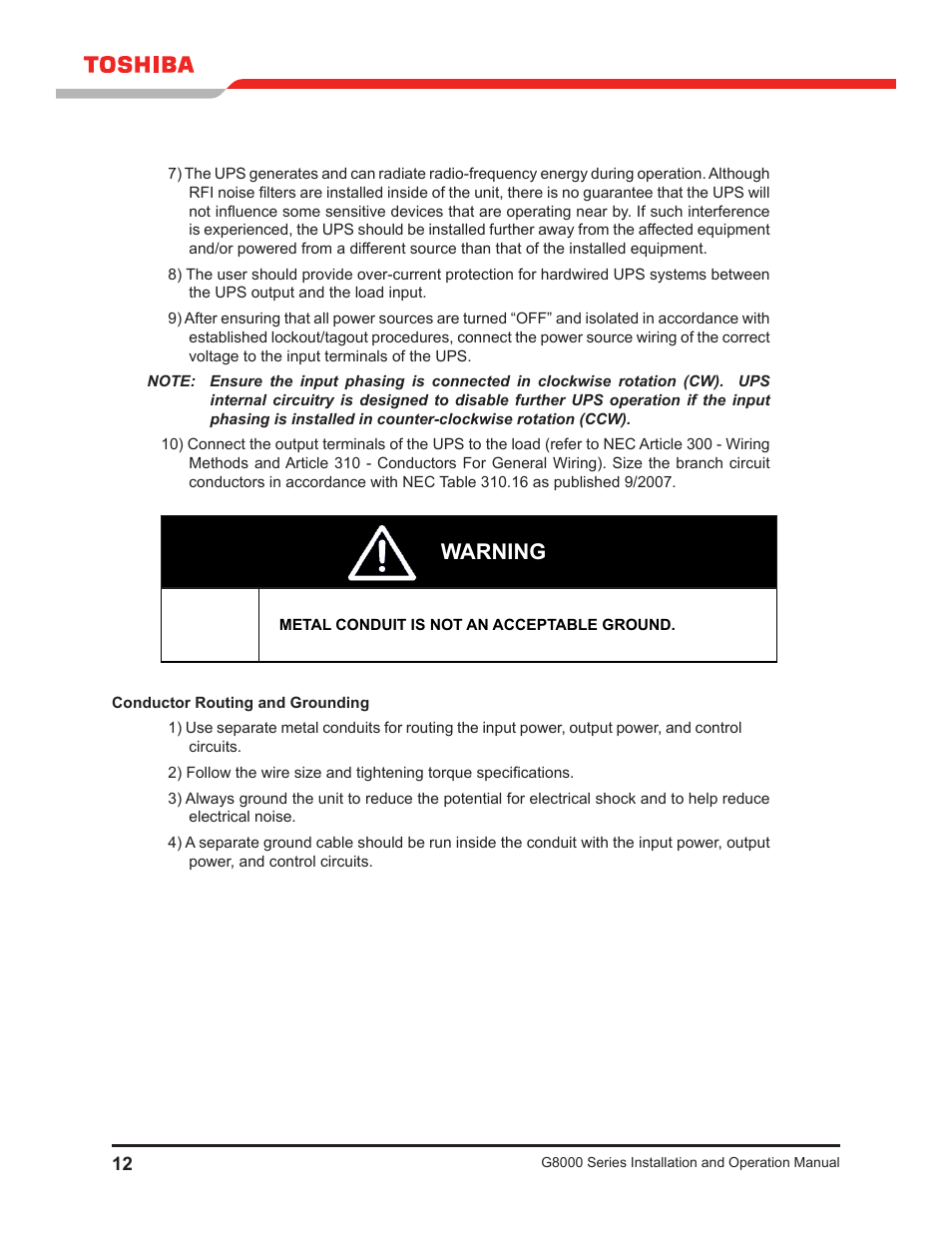 Warning | Toshiba G8000 User Manual | Page 20 / 79