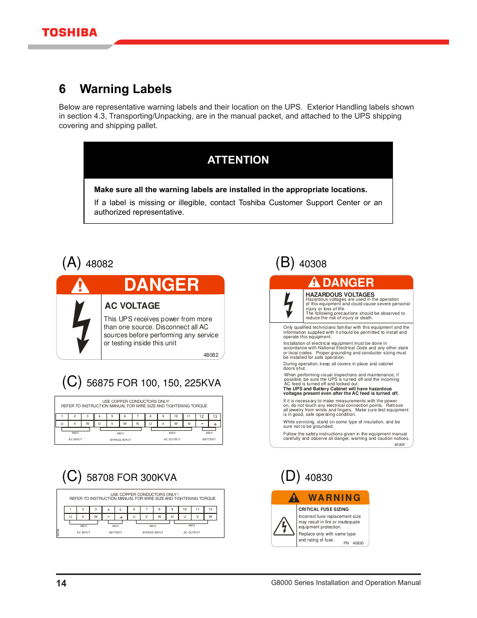 6 warning labels, Danger, Attention | Ac voltage | Toshiba G8000 User Manual | Page 22 / 79