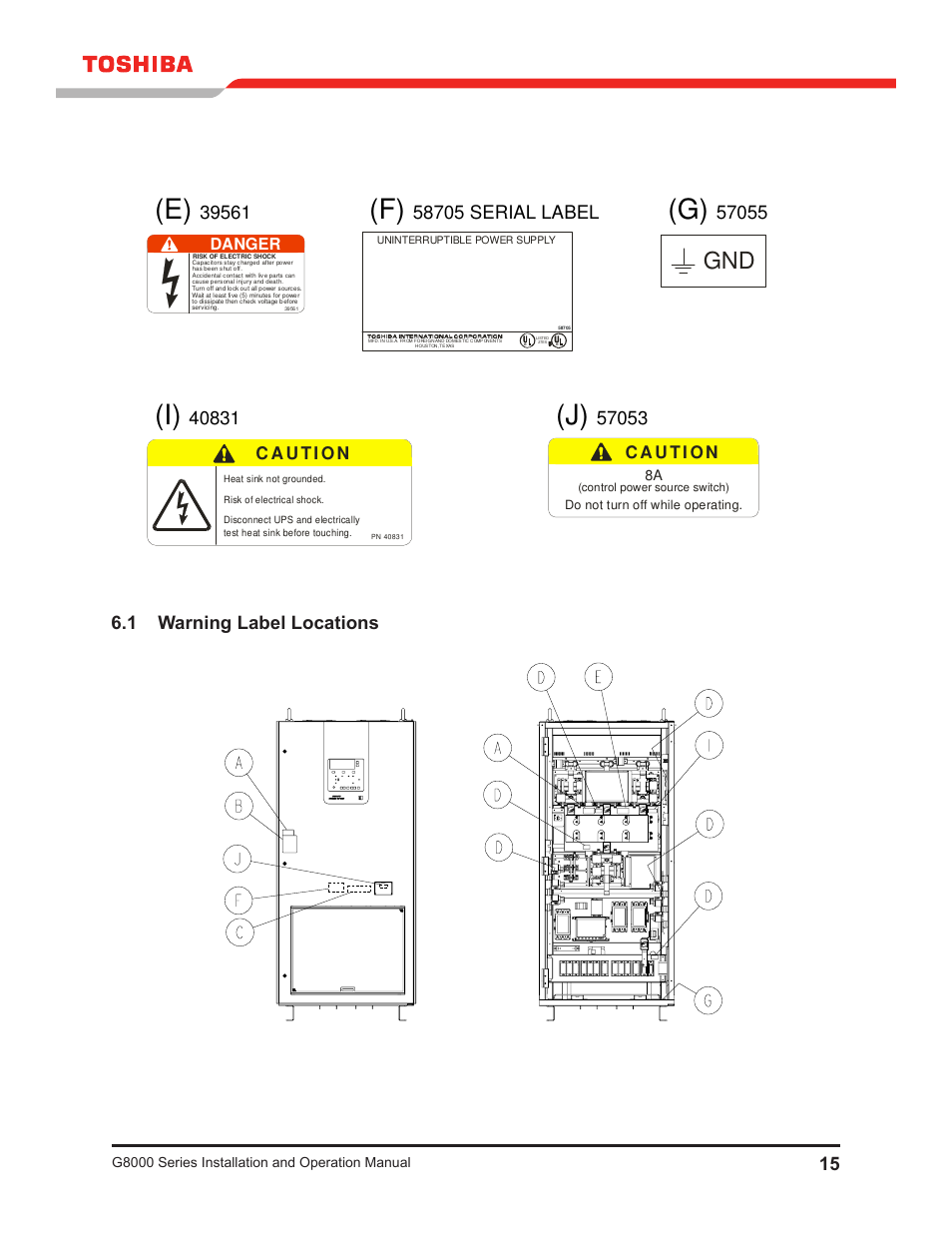 1 warning label locations, Danger, Ac voltage | G8000 series installation and operation manual | Toshiba G8000 User Manual | Page 23 / 79