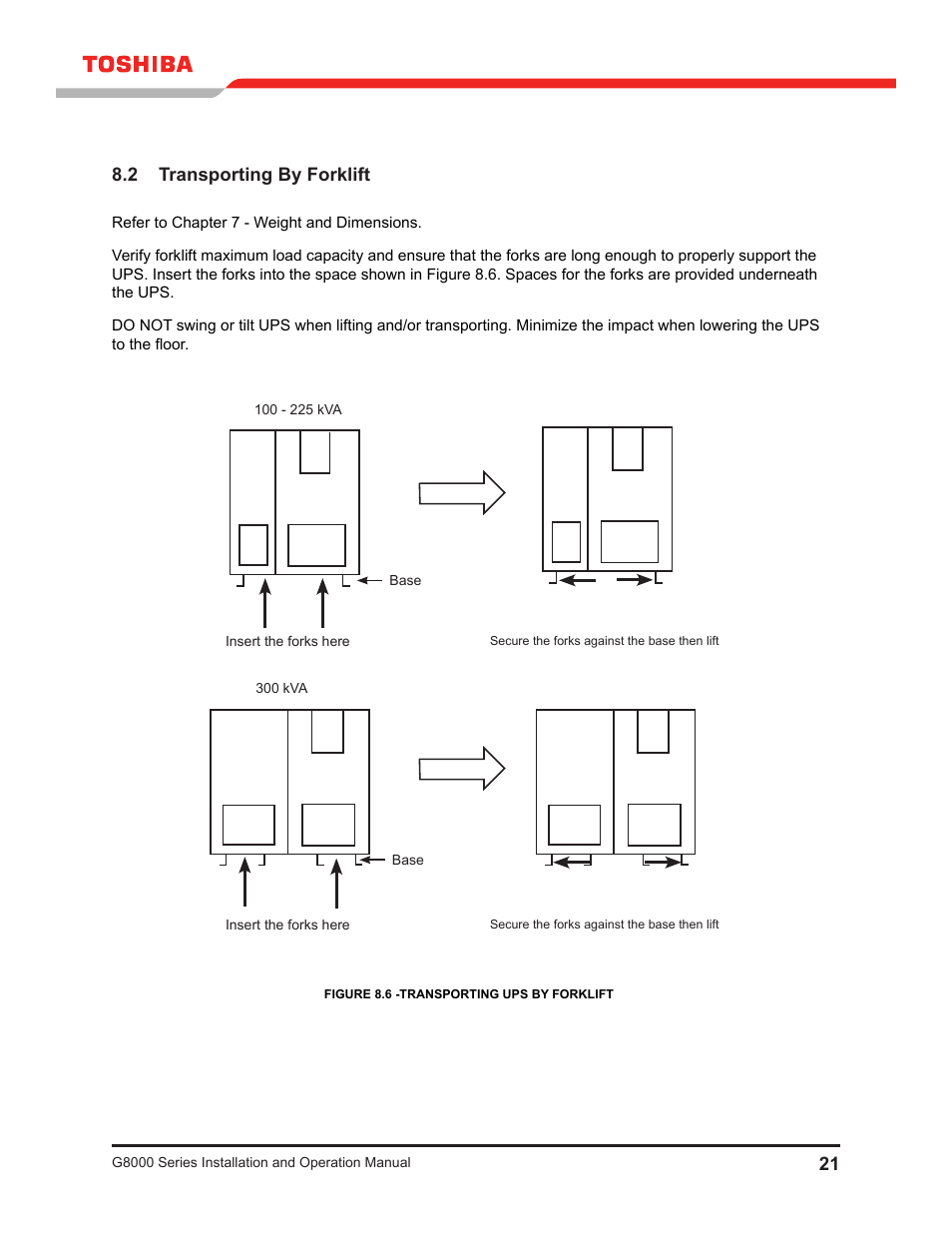 2 transporting by forklift | Toshiba G8000 User Manual | Page 29 / 79