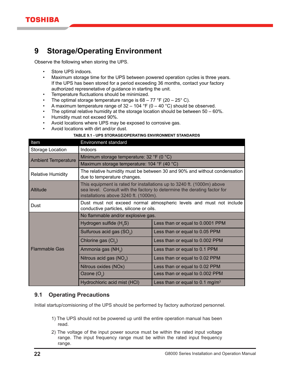 9 storage/operating environment, 1 operating precautions | Toshiba G8000 User Manual | Page 30 / 79