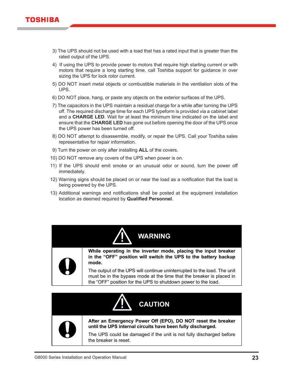 Warning, Caution | Toshiba G8000 User Manual | Page 31 / 79